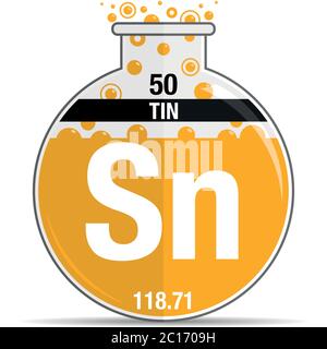 Simbolo di stagno su matraccio rotondo chimico. Elemento numero 50 della Tavola periodica degli elementi - chimica. Immagine vettoriale Illustrazione Vettoriale