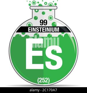 Simbolo di einsteinio su matraccio rotondo chimico. Elemento numero 99 della Tavola periodica degli elementi - chimica. Immagine vettoriale Illustrazione Vettoriale