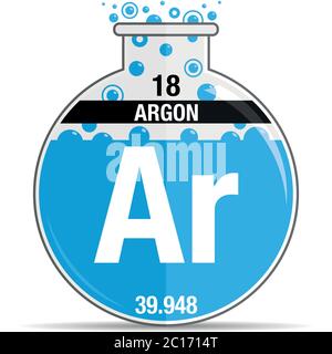 Simbolo argon su matraccio rotondo chimico. Elemento numero 18 della Tavola periodica degli elementi - chimica. Immagine vettoriale Illustrazione Vettoriale