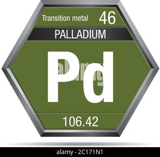Simbolo di palladio sotto forma di esagono con telaio metallico. Elemento numero 46 della Tavola periodica degli elementi - chimica Illustrazione Vettoriale
