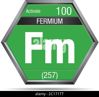 Simbolo di fermio sotto forma di esagono con telaio metallico. Elemento numero 100 della Tavola periodica degli elementi - chimica Illustrazione Vettoriale