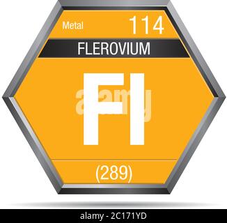 Simbolo del flerovio sotto forma di esagono con cornice metallica. Elemento numero 114 della Tavola periodica degli elementi - chimica Illustrazione Vettoriale