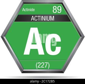 Simbolo di actinium sotto forma di esagono con telaio metallico. Elemento numero 89 della Tavola periodica degli elementi - chimica Illustrazione Vettoriale