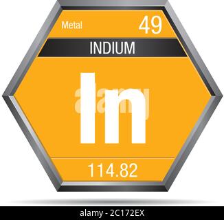 Simbolo indio sotto forma di esagono con cornice metallica. Elemento numero 49 della Tavola periodica degli elementi - chimica Illustrazione Vettoriale