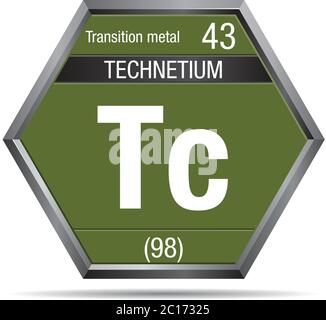 Simbolo di tecnezio sotto forma di esagono con cornice metallica. Elemento numero 43 della Tavola periodica degli elementi - chimica Illustrazione Vettoriale