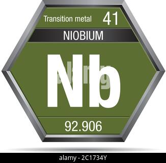 Simbolo di niobio sotto forma di esagono con telaio metallico. Elemento numero 41 della Tavola periodica degli elementi - chimica Illustrazione Vettoriale