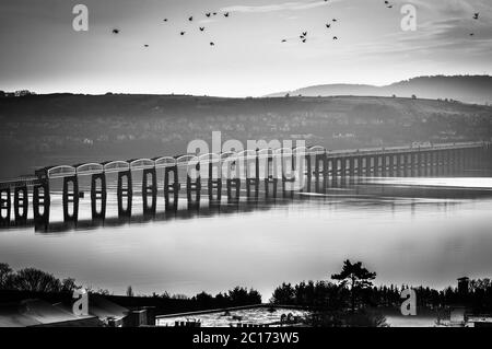 Immagine monocromatica del ponte ferroviario Tay da Dundee, Scozia, Regno Unito. Foto Stock