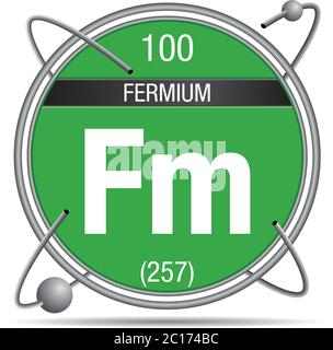 Simbolo di fermio all'interno di un anello metallico con sfondo colorato e sfere che orbitano intorno. Elemento numero 100 della Tavola periodica degli elementi Illustrazione Vettoriale