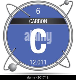 Simbolo di carbonio all'interno di un anello metallico con sfondo colorato e sfere che orbitano intorno. Elemento numero 6 della Tavola periodica degli elementi Illustrazione Vettoriale