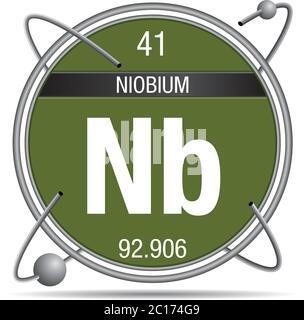 Simbolo di niobio all'interno di un anello metallico con sfondo colorato e sfere che orbitano intorno. Elemento numero 41 della Tavola periodica degli elementi Illustrazione Vettoriale