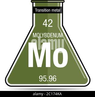 Simbolo di molibdeno sul pallone chimico. Elemento numero 42 della Tavola periodica degli elementi - chimica Illustrazione Vettoriale
