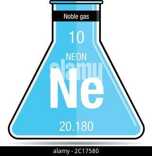 Simbolo al neon sul pallone chimico. Elemento numero 10 della Tavola periodica degli elementi - chimica Illustrazione Vettoriale