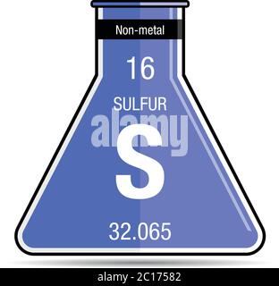 Simbolo di zolfo sul pallone chimico. Elemento numero 16 della Tavola periodica degli elementi - chimica Illustrazione Vettoriale