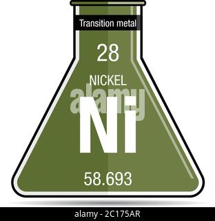 Simbolo di nichel sul pallone chimico. Elemento numero 28 della Tavola periodica degli elementi - chimica Illustrazione Vettoriale