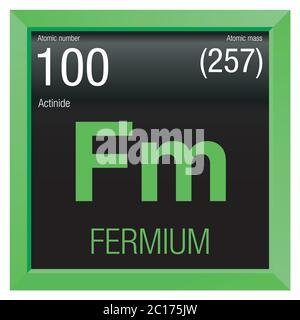 Simbolo del fermio. Elemento numero 100 della Tavola periodica degli elementi - chimica - cornice quadrata verde con sfondo nero Illustrazione Vettoriale