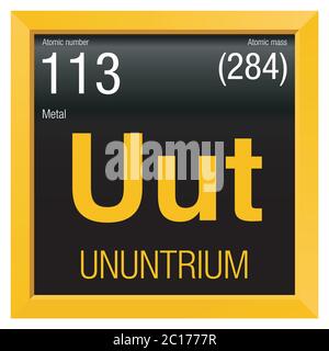 Simbolo untrio. Elemento numero 113 della Tavola periodica degli elementi - chimica - cornice quadrata gialla con sfondo nero Illustrazione Vettoriale