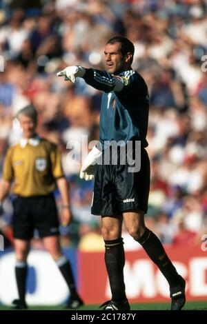 Manchester, Grossbritannien. 11 Apr 2020. Calcio, primo: 15 Giugno 1996 Campionato europeo di calcio Euro 1996 gruppo, gruppo 2, gruppo B, archivio foto, archivio foto Francia - Spagna 1: 1 Zubizarreta, figura intera, gesto | uso nel mondo Credit: dpa/Alamy Live News Foto Stock