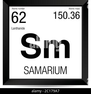 Simbolo del samario. Elemento numero 62 della Tavola periodica degli elementi - chimica - cornice quadrata nera con sfondo bianco Illustrazione Vettoriale