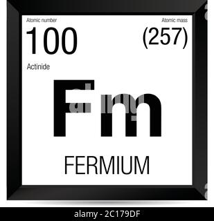 Simbolo del fermio. Elemento numero 100 della Tavola periodica degli elementi - chimica - cornice quadrata nera con sfondo bianco Illustrazione Vettoriale