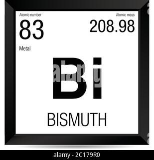 Simbolo bismuto. Elemento numero 83 della Tavola periodica degli elementi - chimica - cornice quadrata nera con sfondo bianco Illustrazione Vettoriale