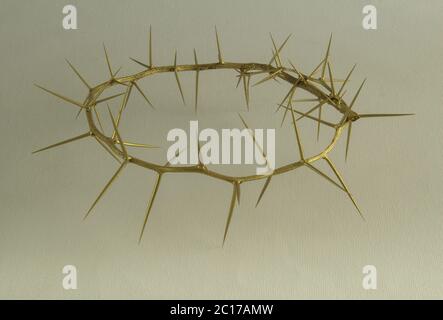 Gold crown on thorns on white canvas background Stock Photo