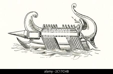 Questa illustrazione della fine del 1800 mostra un'imbarcazione pirata greca, come tratto dall'immagine trovata su una moneta antica. Questo tipo di cucina, conosciuta come emiolia, fu sviluppata nel IV secolo a.C. Foto Stock