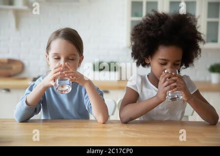 Due bambine multietniche che bevono acqua naturale seduti in cucina Foto Stock