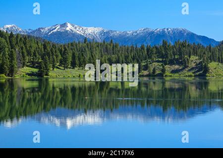 anatre sul lago nascosto nella catena montuosa ghiaiosa e le vette lontane della catena montuosa di madison vicino a lakeview, montana Foto Stock