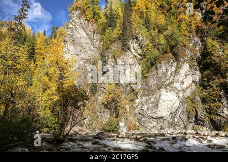 Vista panoramica delle torreggianti mura del piccolo fiume su con fogliame autunnale, strada panoramica di Hatcher Pass, al Foto Stock