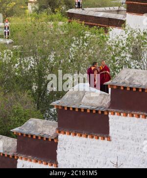 Due monaci chiacchierano e si godono la vita all'aria aperta nel pomeriggio, il Monastero di Tashi Lhunpo, Tibet Foto Stock