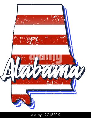 Bandiera americana nella mappa di stato dell'alabama. Stile grunge vettoriale con tipografia scritta disegnata a mano alabama sulla mappa a forma di vecchia grunge vintage nazionale americana Illustrazione Vettoriale