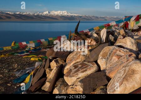Pietre mani, teschi di yak e bandiere di preghiera in un'offerta massiccia, la penisola di Tashi Dor, il lago Nam, il Tibet Foto Stock