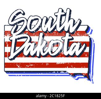 Bandiera americana nella mappa dello stato del dakota del sud. Stile grunge vettoriale con tipografia scritta disegnata a mano nel South dakota su una mappa a forma di vecchia grunge Americ Illustrazione Vettoriale