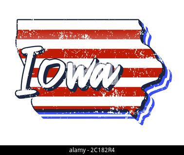 Bandiera americana nella mappa dello stato dell'iowa. Stile grunge vettoriale con tipografia scritta disegnata a mano iowa su mappa a forma di vecchia grunge bandiera nazionale americana d'epoca Illustrazione Vettoriale