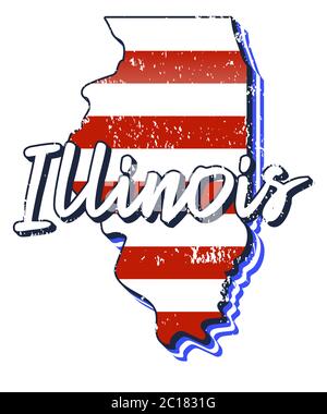 Bandiera americana nella mappa dello stato dell'illinois. Stile grunge vettoriale con tipografia scritta disegnata a mano illinois su mappa a forma di vecchia grunge annata natio americano Illustrazione Vettoriale