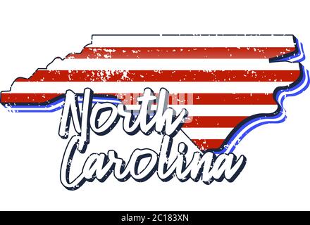 Bandiera americana nella mappa dello stato del North carolina. Stile grunge vettoriale con tipografia scritta disegnata a mano North carolina su mappa a forma di vecchia grunge vintage am Illustrazione Vettoriale