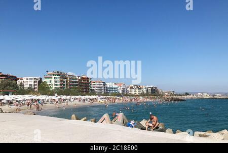 Pomorie, Bulgaria - September 18, 2017: People enjoying their time at Pomorie Beach, Bulgaria. Stock Photo