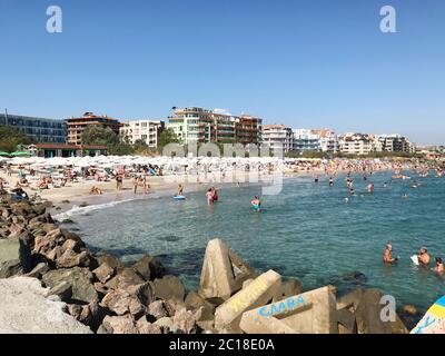 Pomorie, Bulgaria - September 18, 2017: People enjoying their time at Pomorie Beach, Bulgaria. Stock Photo