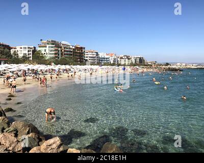 Pomorie, Bulgaria - September 18, 2017: People enjoying their time at Pomorie Beach, Bulgaria. Stock Photo