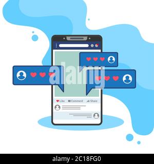 Immagine vettoriale di uno smartphone che accede ai social media. Adatto per la pagina di marketing sui social media, i social network, i post di qualcuno che ti piagano Illustrazione Vettoriale