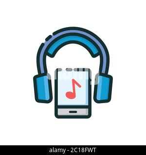 Immagine vettoriale dell'ascolto di musica e intrattenimento tramite l'auricolare del dispositivo smartphone. Adatto per elementi di progettazione di dispositivi multimediali Illustrazione Vettoriale