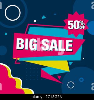 Disegno astratto e accattivante di sfondo di un banner promozionale. Progetta un layout di banner con il 50% di sconto, con colori brillanti e forme astratte Illustrazione Vettoriale