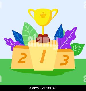 Illustrazione di un trofeo per un vincitore del campionato. Campioni del podio in un concorso con un fondo astratto di pianta. Illustrazione Vettoriale