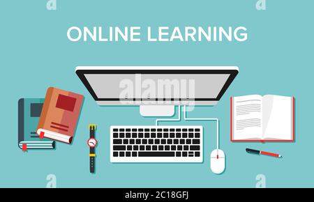 Illustrazione delle attività di apprendimento online che utilizzano supporti informatici e Internet. Adatto per la visualizzazione di corsi di formazione online a casa Illustrazione Vettoriale
