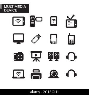 Semplice icona della tecnologia dei dispositivi multimediali dal design minimalista e piatto. Moderne apparecchiature tecnologiche digitali. Elemento di risorse grafiche per la comunicazione di supporti solidi Illustrazione Vettoriale