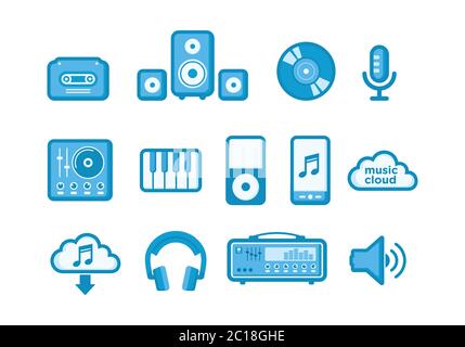 Set di icone semplici e minimaliste per la musica. Adatto per elementi di progettazione di software multimediali e tecnologia dell'industria musicale. Illustrazione Vettoriale