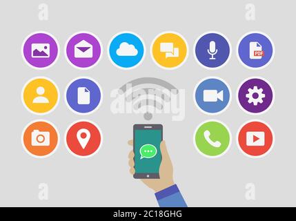 icona del servizio dell'app di messaggistica online che utilizza un dispositivo smartphone. Semplice elemento a icone piatto minimalista Illustrazione Vettoriale