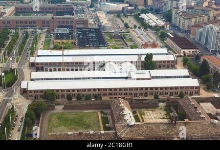 Vista aerea di OGR (Officine Grandi Riparazioni) treno Negozio riparazione a Torino Foto Stock