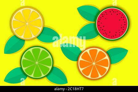 agoni colorati e cocomero su sfondo giallo Illustrazione Vettoriale