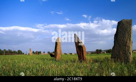 Antico campo di stele Megalith in AxumEtiopia Foto Stock